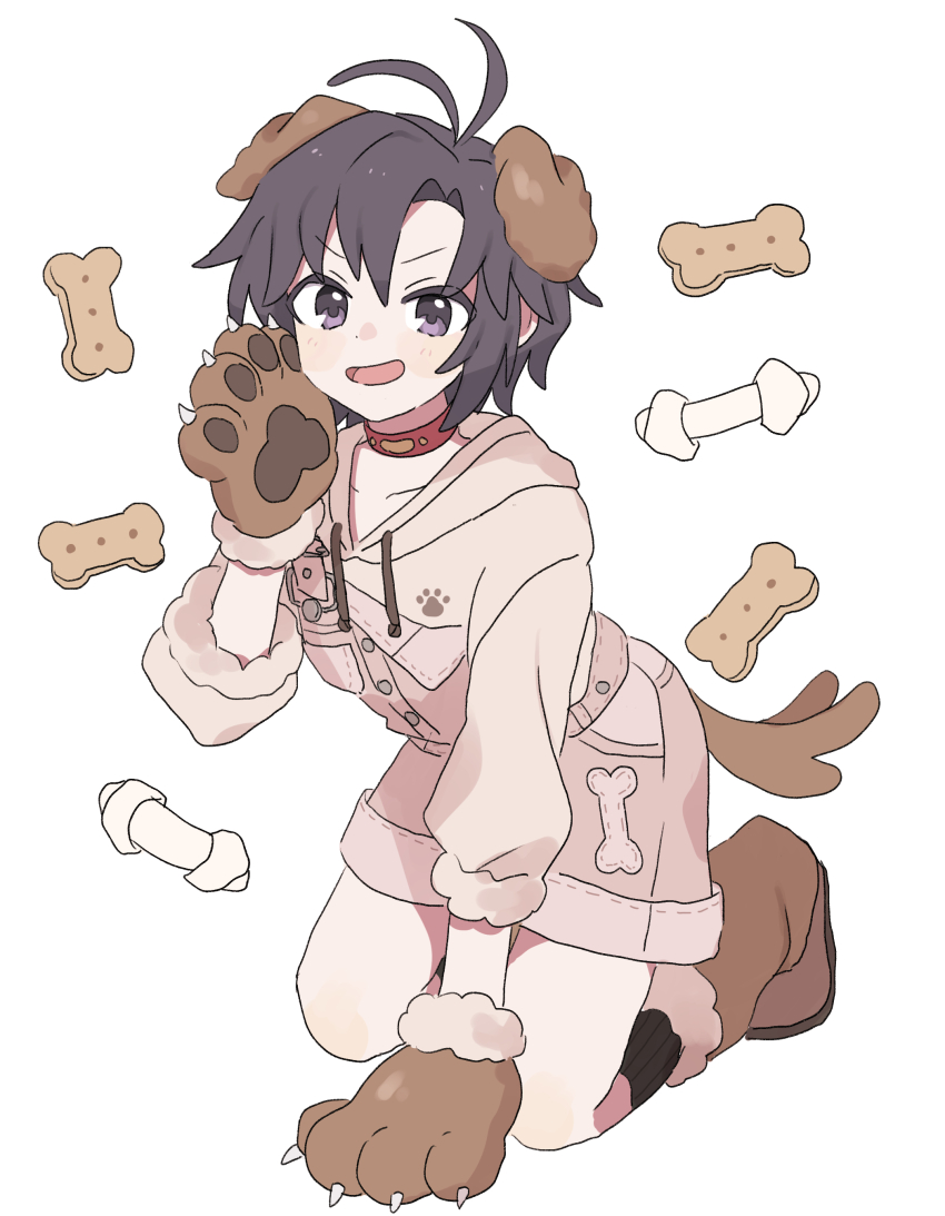 1girl absurdres alternate_costume animal_collar animal_ears animal_hands antenna_hair black_eyes black_hair black_socks blush boots breasts brown_boots brown_gloves brown_hood brown_hoodie brown_overalls choker collar dog_chew dog_ears dog_girl dog_paws dog_tail dot_nose fake_animal_ears fake_tail forehead fur-trimmed_boots fur-trimmed_gloves fur-trimmed_sleeves fur_trim gloves hand_on_ground hand_up highres hood hoodie idolmaster idolmaster_(classic) idolmaster_million_live! idolmaster_million_live!_theater_days kikuchi_makoto kneeling looking_at_viewer open_mouth overalls parted_bangs paw_gloves paw_print pet_food pnt_0202 red_choker red_collar short_hair sidelocks small_breasts socks solo tail v-shaped_eyebrows wanwan_wonderful_(idolmaster) white_background