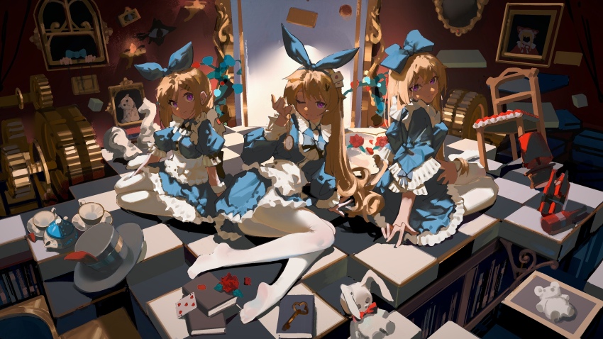3girls absurdres alice_(black_souls) black_souls black_souls_2 blue_bow blue_dress book bow card chessboard cup daughter_alice_(black_souls) dress frilled_dress frilled_sleeves frills hair_bow hair_ornament head_tilt highres holding_locket line_(pixiv_59740492) long_sleeves looking_at_viewer multiple_girls no_shoes one_eye_closed pantyhose plate playing_card puffy_short_sleeves puffy_sleeves purple_eyes rabbit_hair_ornament red_hood_(black_souls) short_sleeves sister_alice_(black_souls) sitting teacup white_pantyhose yokozuwari