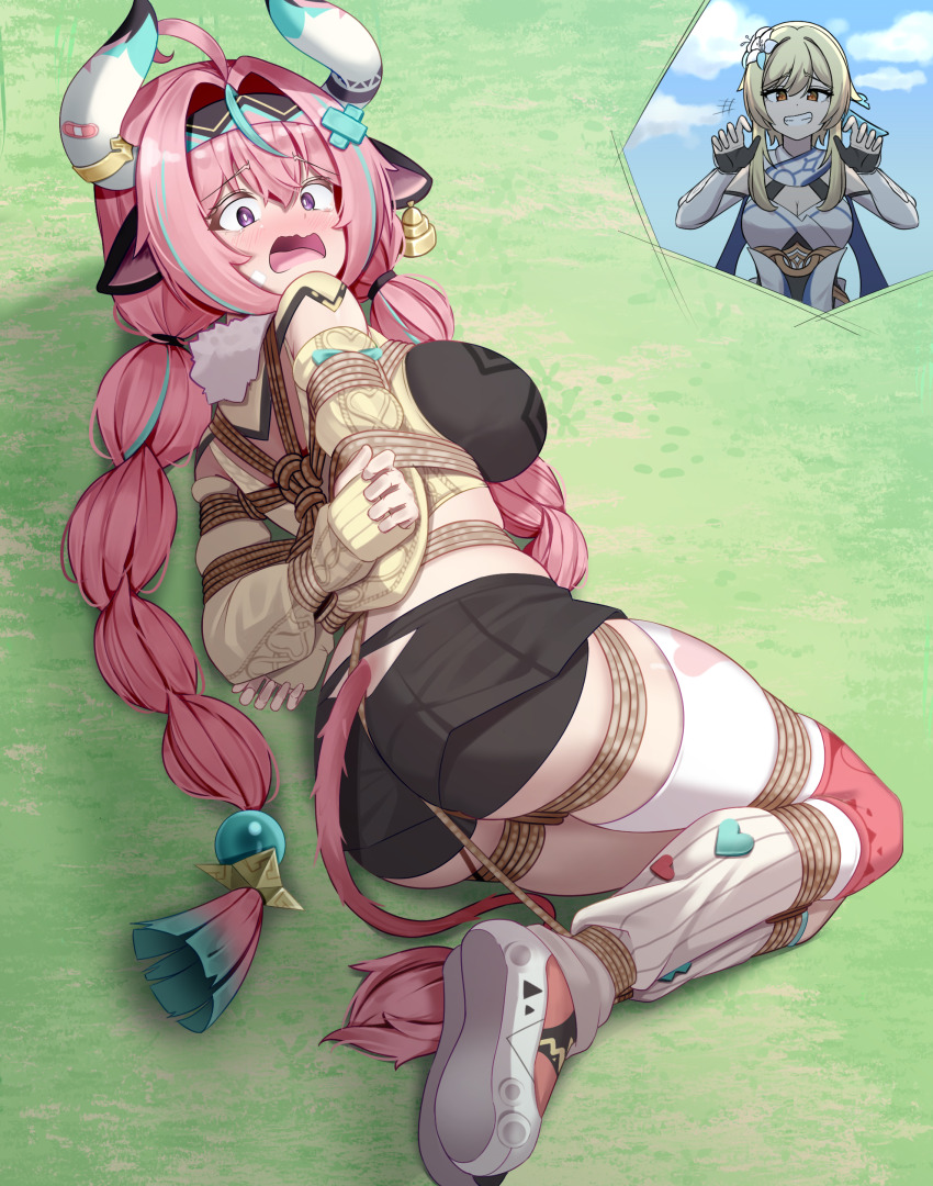 2girls absurdres ahoge animal_ears arms_behind_back bdsm bike_shorts_under_skirt blonde_hair blush bondage bound braid breasts bt_(3212637) cow_ears cow_horns cow_tail fingerless_gloves genshin_impact gloves groping_motion hairband highres hogtie horns large_breasts leg_warmers long_hair lumine_(genshin_impact) lying miniskirt multicolored_hair multiple_girls on_side pink_hair purple_eyes rope shibari shibari_over_clothes single_thighhigh skirt streaked_hair tail tears thighhighs twin_braids varesa_(genshin_impact) wavy_mouth white_leg_warmers