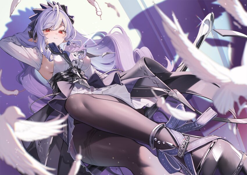 1girl bird black_pantyhose black_shoes breasts center_frills closed_mouth falling_feathers feathers foot_out_of_frame frills highres legs long_hair looking_at_viewer mole mole_under_eye multicolored_hair pantyhose pointy_ears purple_hair red_eyes second-party_source shoes shuri_(84k) sideboob smile streaked_hair vivian_banshee white_bird white_hair zenless_zone_zero