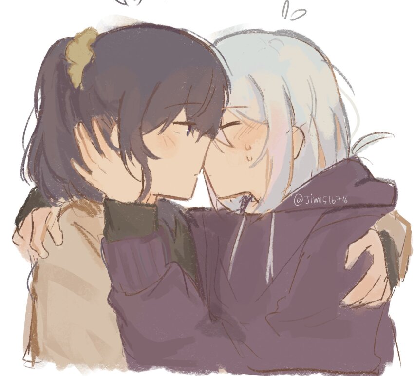 2girls arm_around_shoulder asahina_mafuyu blush closed_eyes commentary drawstring english_commentary flying_sweatdrops hand_on_another&#039;s_head highres hood hoodie imminent_kiss jimmy1516789 long_hair multiple_girls ponytail project_sekai purple_hair purple_hoodie sweat white_hair yoisaki_kanade yuri