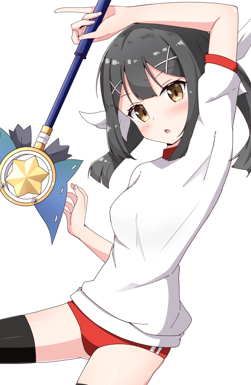 1girl aikawa_ryou armpits black_hair breasts brown_eyes buruma fate/kaleid_liner_prisma_illya fate_(series) feather_hair_ornament feathers gym_shirt gym_uniform hair_ornament hairclip highres kaleidostick long_hair magical_sapphire miyu_edelfelt miyu_edelfelt_(magical_girl) red_buruma shirt short_sleeves sidelocks small_breasts solo twintails white_shirt