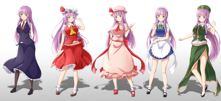 1girl :o apron ascot blue_dress blush breasts cosplay dress flandre_scarlet flandre_scarlet_(cosplay) green_headwear green_neckwear green_skirt green_vest hat_ornament highres hong_meiling hong_meiling_(cosplay) izayoi_sakuya izayoi_sakuya_(cosplay) koakuma koakuma_(cosplay) large_breasts light_frown light_smile long_hair long_skirt maid_headdress multiple_views necktie patchouli_knowledge pink_dress pink_headwear purple_eyes purple_hair purple_skirt purple_vest ram_hachimin red_neckwear red_skirt red_vest remilia_scarlet remilia_scarlet_(cosplay) shadow short_dress side_slit skirt star_(symbol) star_hat_ornament touhou very_long_hair vest waist_apron white_background white_headwear wrist_cuffs yellow_neckwear