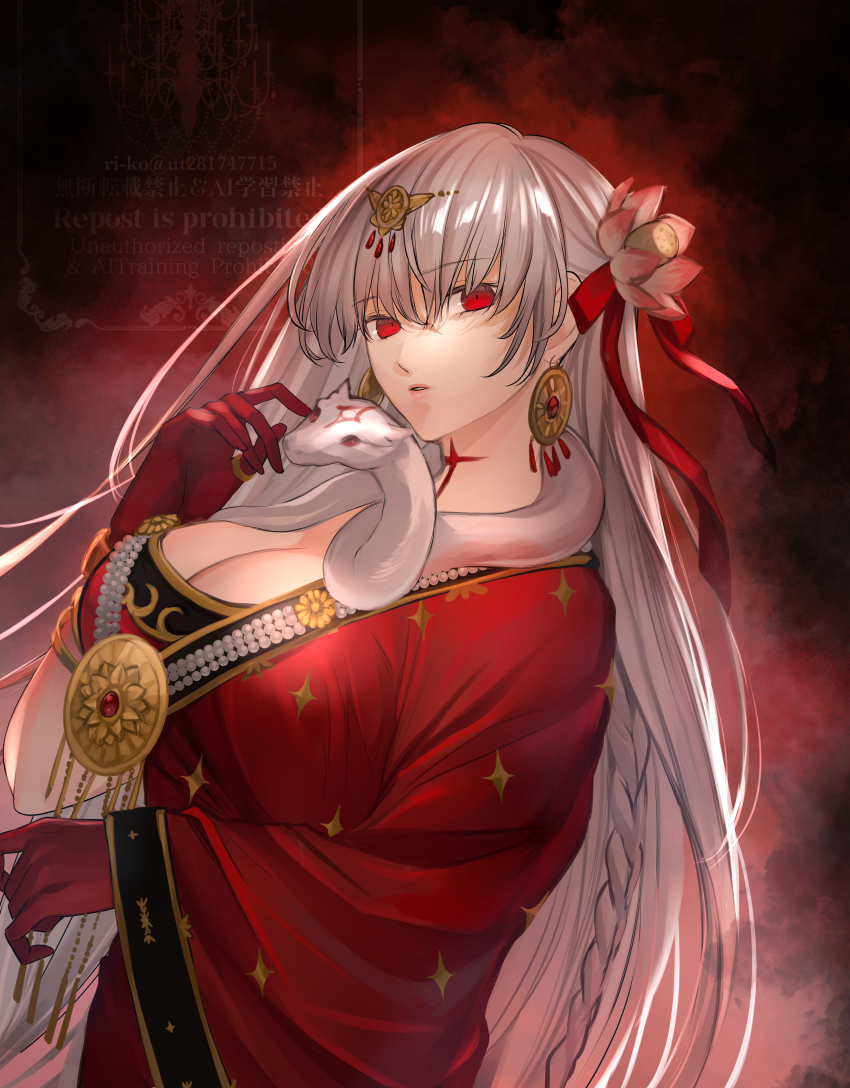 1girl absurdres asymmetrical_sleeves blush body_markings bracelet breasts circlet cleavage colored_skin dress durga_(fate) durga_(second_ascension)_(fate) earrings fate/grand_order fate_(series) flower gold_trim gradient_skin grey_hair hair_flower hair_ornament hair_ribbon highres indian_clothes jewelry large_breasts long_hair looking_at_viewer necklace parted_lips red_dress red_eyes red_skin ri-ko ribbon sari snake solo thumb_ring very_long_hair