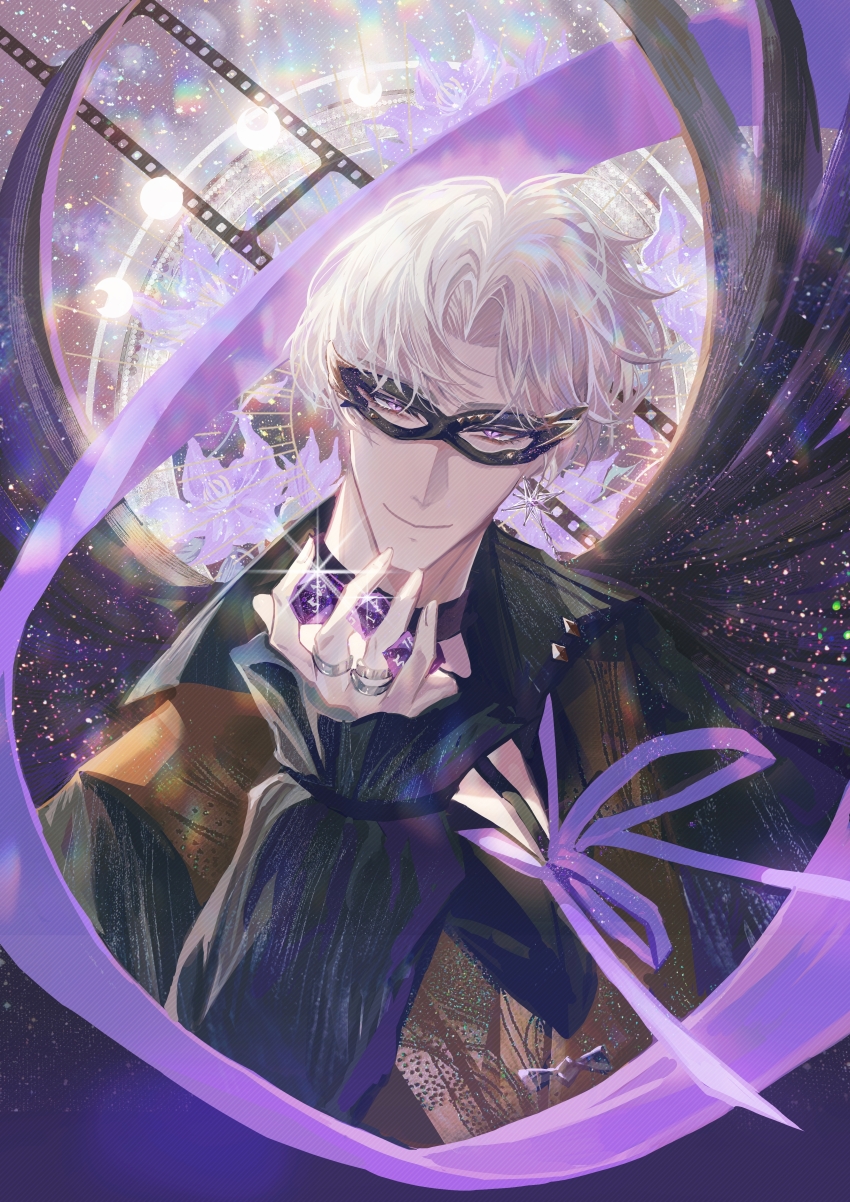1boy absurdres between_fingers black_cape black_choker black_shirt brown_vest cape charlie_su chinese_commentary choker clematis_(flower) closed_mouth curtained_hair d20_(die) dice domino_mask earrings film_strip floating_cape flower frilled_sleeves frills glint highres holding holding_dice jewelry light_and_night_love long_sleeves looking_at_viewer male_focus mask moon_phases multiple_rings neck_ribbon parted_bangs polyhedral_dice popped_collar purple_eyes purple_flower purple_ribbon ribbon ring shirt short_hair single_earring sky smile snow234 solo star_(sky) star_(symbol) star_earrings starry_sky upper_body vest white_hair white_shirt