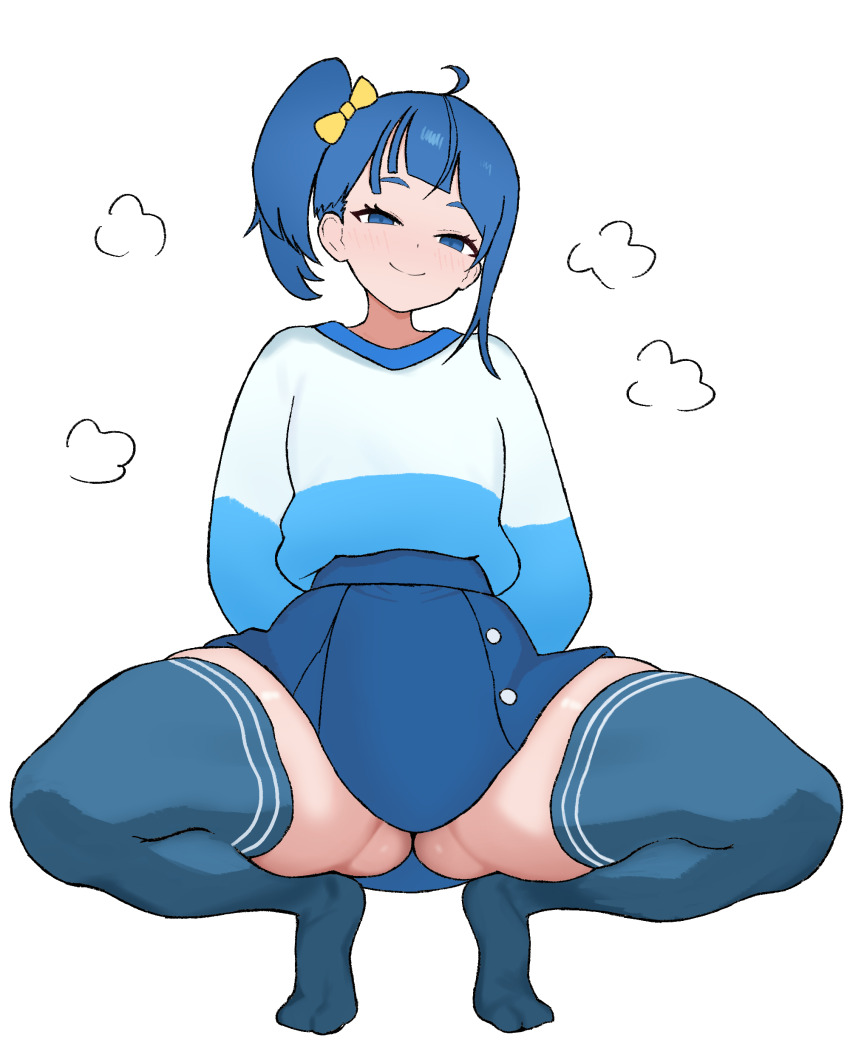 1girl absurdres ahoge arms_behind_back blue_eyes blue_hair blue_shirt blue_skirt blue_thighhighs blunt_bangs blush bow buttons closed_mouth commentary full_body gluteal_fold hair_bow half-closed_eyes high-waist_skirt high_side_ponytail highres hirogaru_sky!_precure long_sleeves looking_at_viewer miniskirt no_shoes peace_peace009 precure shirt shirt_tucked_in short_hair side_ponytail simple_background skirt smile solo sora_harewataru spread_legs squatting thighhighs thighs tiptoes two-tone_shirt white_background white_shirt yellow_bow