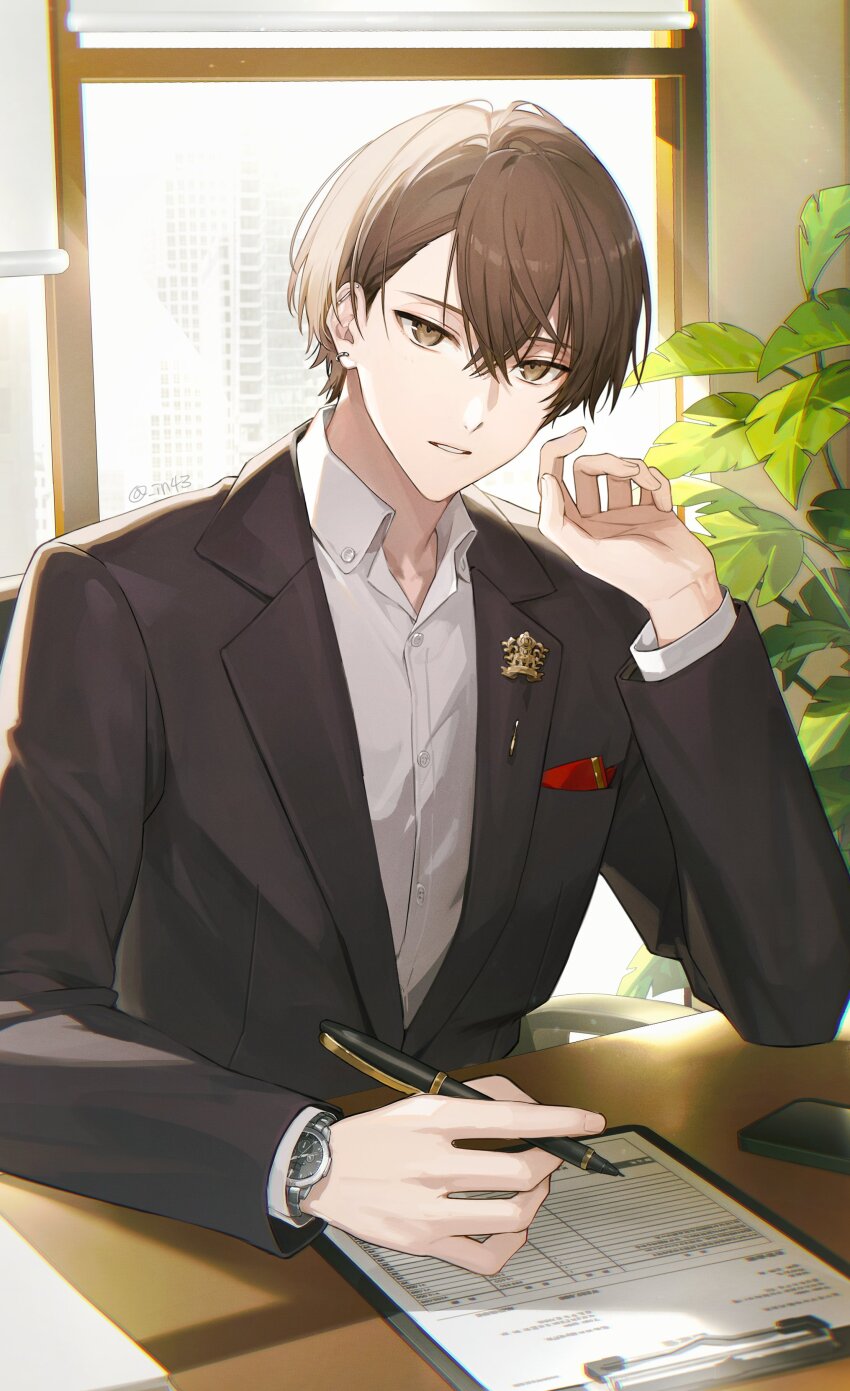 1boy absurdres artist_name barbell_piercing black_jacket bloom breast_pocket brown_eyes brown_hair building buttons cellphone chair chromatic_aberration clipboard collared_shirt crossed_bangs ear_piercing earrings hair_between_eyes hand_up hashtag-only_commentary highres holding holding_pen in43 indoors industrial_piercing jacket jewelry kagami_hayato kagami_hayato_(1st_costume) lapel_pin lapels light_rays long_sleeves looking_at_viewer male_focus nijisanji on_chair paper parted_bangs parted_lips pen phone piercing plant pocket pocket_square shirt short_hair sitting smartphone solo table twitter_username upper_body virtual_youtuber watch white_shirt window wing_collar wristwatch