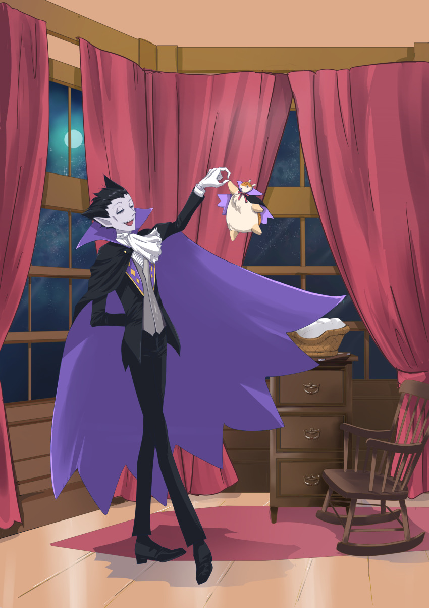2boys absurdres armadillo ascot black_hair cape chair cheekbones closed_eyes colored_skin curtains draluc_(kyuuketsuki_sugu_shinu) fangs gloves grey_skin grey_vest highres indoors jacket john_(kyuuketsuki_sugu_shinu) kyuuketsuki_sugu_shinu long_sleeves male_focus moon multiple_boys niki-cat_(asagi) open_mouth pants pointy_ears purple_cape rug short_hair spiked_hair vampire vest white_ascot white_gloves window wooden_floor