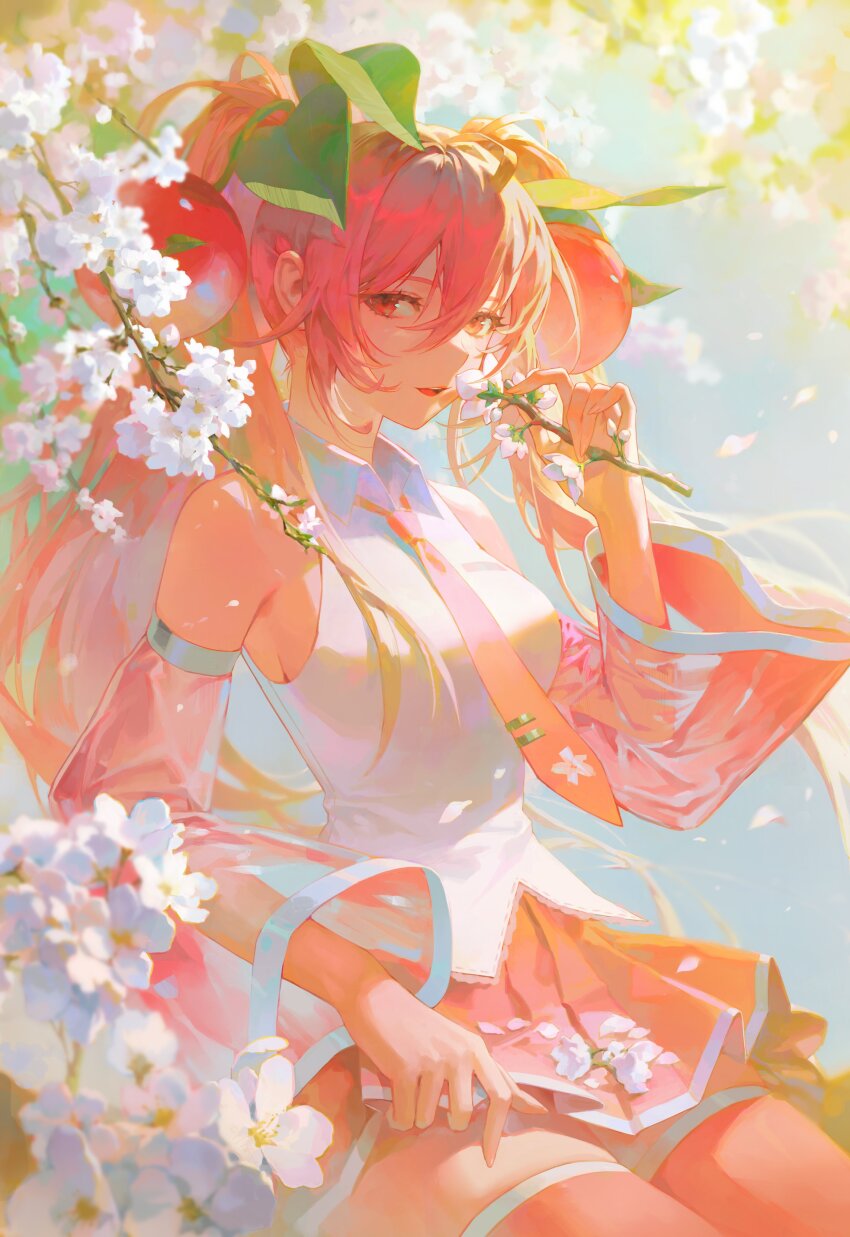 1girl absurdres analogous_colors arched_bangs arm_at_side backlighting bare_shoulders blue_background blurry blurry_background boots branch breasts bud cherry_blossom_print cherry_blossoms cherry_hair_ornament collared_shirt cowboy_shot day ddingu depth_of_field detached_sleeves double-parted_bangs eyelashes falling_petals fingernails floating_hair floral_print flower food-themed_hair_ornament green_theme hair_between_eyes hair_ornament hair_over_shoulder hand_up hatsune_miku highres holding holding_branch large_breasts leaf_hair_ornament light_smile limited_palette long_hair looking_at_viewer miku_day narrow_waist necktie outdoors pale_color parted_lips petals pink_boots pink_eyes pink_hair pink_necktie pink_skirt pink_sleeves pink_theme pleated_skirt ribbon-trimmed_shirt ribbon_trim sakura_miku see-through_clothes see-through_sleeves shirt sideboob sidelighting sidelocks simple_background sitting skirt skirt_hold sleeveless sleeveless_shirt smelling smelling_flower solo straight_hair sunlight teeth thick_eyelashes thick_thighs thigh_boots thighhighs thighs tie_clip tsurime twintails upper_teeth_only very_long_hair vocaloid white_cherry_blossoms white_flower white_petals white_shirt white_theme wide_sleeves zettai_ryouiki