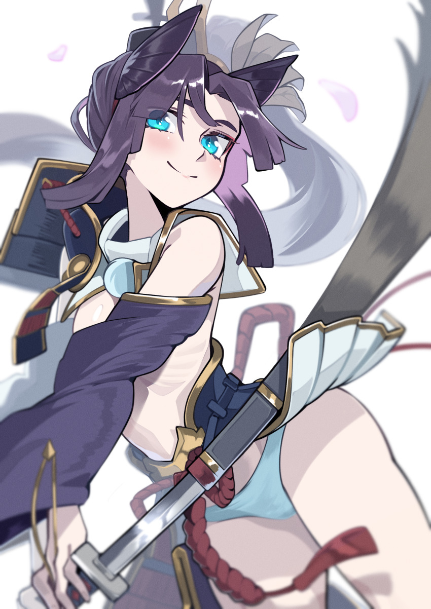 1girl absurdres armor asymmetrical_sleeves black_hair blue_eyes blue_panties blush breast_curtains breasts closed_mouth clothes_lift commentary_request cosplay detached_sleeves eyes_visible_through_hair falling_petals fate/grand_order fate_(series) feather_hair_ornament feathers hair_ornament hat highres holding holding_sword holding_weapon japanese_armor katana kusazuri long_hair looking_at_viewer medium_breasts mismatched_sleeves panties parted_bangs pauldrons petals purple_sleeves revealing_clothes ribs sheath shot_(shot0598) shoulder_armor shoulder_pads side_ponytail simple_background single_bare_shoulder skirt skirt_lift smile sode solo sword tate_eboshi underwear unsheathing ushiwakamaru_(fate) ushiwakamaru_(fate)_(cosplay) very_long_hair weapon white_background white_sleeves wide_sleeves