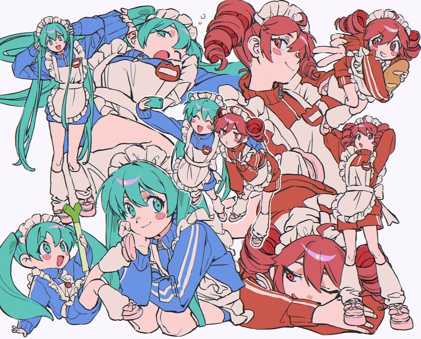 absurdres alternate_costume blue_bow bow dress frills hatsune_miku highres jacket japanese_clothes ka_4maki kasane_teto kimono long_hair maid maid_headdress multiple_girls one_eye_closed open_mouth pantyhose red_hair ribbon shoes skirt smile synthesizer_v track_jacket twintails utau vocaloid