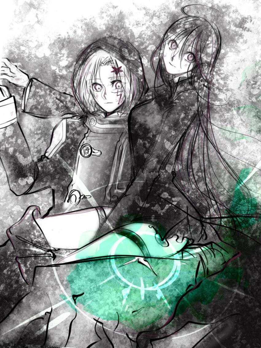 1boy 1girl allen_walker armored_boots between_legs black_coat black_dress black_footwear black_hair black_order_uniform boots coat collared_dress cross d.gray-man dress facial_mark giant_hand green_light greyscale hair_between_eyes hand_between_legs highres hood hood_up hooded_coat kozuuu lenalee_lee long_hair long_sleeves looking_at_another looking_at_breasts looking_at_viewer monochrome purple_eyes sitting sitting_on_lap sitting_on_person striped_coat thigh_strap thighs white_hair white_stripes wide_sleeves