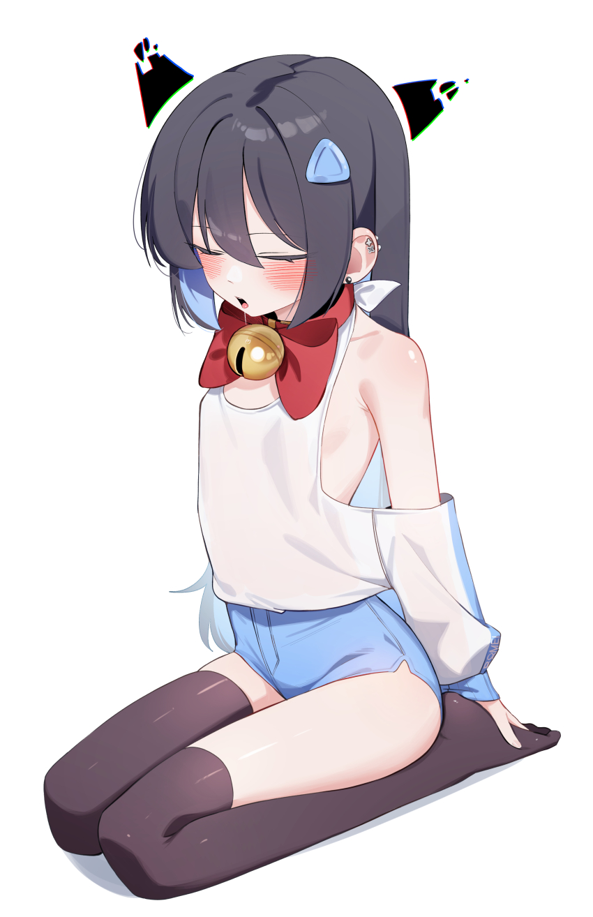 1girl absurdres asymmetrical_legwear bell black_hair black_thighhighs blue_hair blue_shorts blush closed_eyes colored_inner_hair ear_piercing full_body hair_between_eyes hair_ornament highres jingle_bell long_hair multicolored_hair neck_bell no_shoes open_mouth original piercing shirt shorts simple_background sitting solo thighhighs uneven_legwear very_long_hair white_background white_shirt whonyang