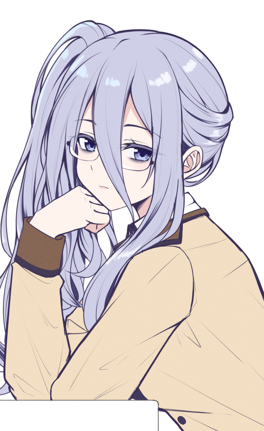 1girl absurdres arm_support bags_under_eyes blazer commentary_request date_a_live from_side glasses grey_eyes grey_hair hair_between_eyes halo head_rest highres jacket leaning_forward long_bangs long_hair long_sleeves looking_at_viewer looking_to_the_side murasame_reine reia_76 shirt side_ponytail sidelocks simple_background solo upper_body white_shirt