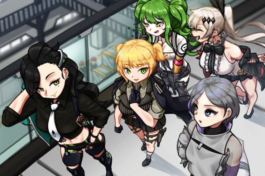 5girls abs black_hair blonde_hair bolt_action breasts calico_m950 calico_m950a cleavage contender_(girls&#039;_frontline) five-seven_(girls&#039;_frontline) girls&#039;_frontline grey_hair gun handgun helical_magazine high-capacity_magazine highres integral_suppressor integrally-suppressed_firearm jacket large_breasts long_hair m950a_(girls&#039;_frontline) medium_breasts missileer multiple_girls navel necktie pistol python_(girls&#039;_frontline) short_hair submachine_gun suppressor unworn_jacket weapon welrod welrod_mk_ii welrod_mkii_(girls&#039;_frontline) white_hair