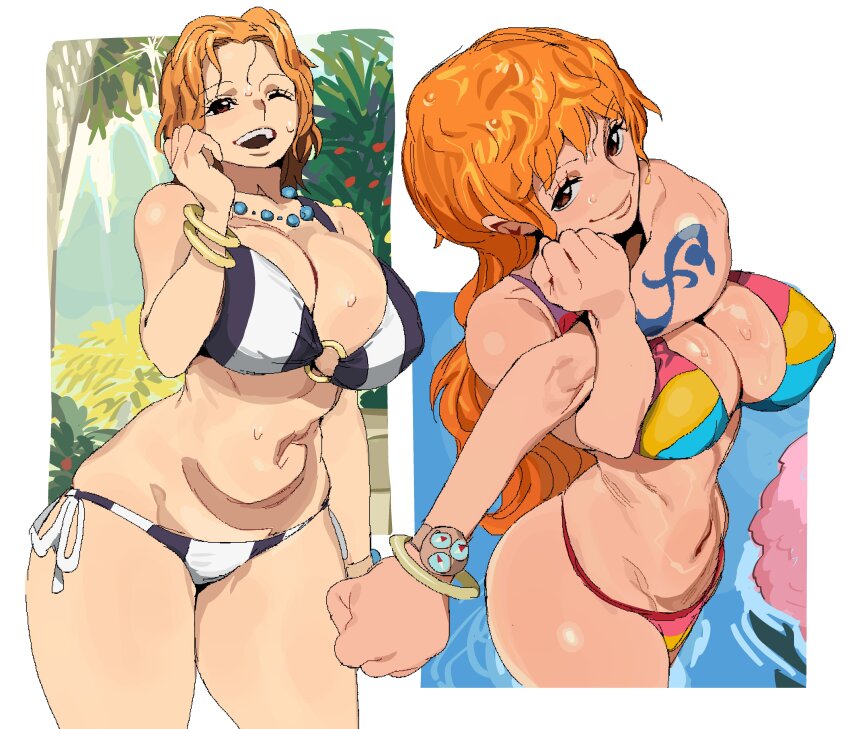 1girl absurdres bikini bracelet breasts brown_eyes cleavage highres in_water jewelry large_breasts log_pose long_hair nami_(one_piece) necklace one_piece one_piece:_strong_world one_piece_film:_z open_mouth orange_hair short_hair side-tie_bikini_bottom simple_background smile striped_bikini striped_clothes swimsuit tattoo wet whoopsatro wide_hips