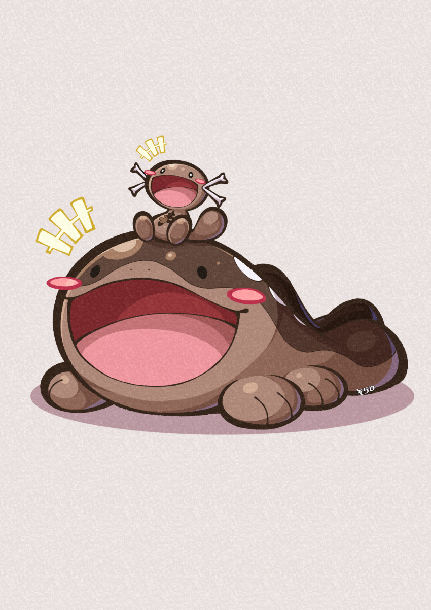 04sora40 animal_focus blush_stickers clodsire evolutionary_line full_body grey_background happy_aura highres nintendo no_humans nostrils paldean_wooper pokemon pokemon_(creature) shadow signature solid_oval_eyes