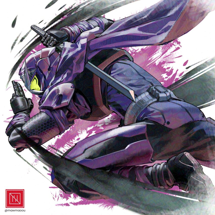 1boy absurdres armor black_bodysuit bodysuit helmet highres holding holding_sword holding_weapon kamen_rider kamen_rider_shinobi kamen_rider_zi-o_(series) katana male_focus mawmaoou ninja purple_armor purple_helmet solo sword weapon