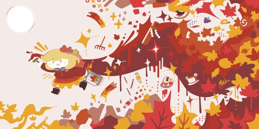 1girl :d autumn_leaves bird black_footwear blonde_hair bucket commentary flat_cap food fruit grapes hair_ornament hat highres inubashiri_momiji inubashiri_momiji_(wolf) leaf leaf_hair_ornament maple_leaf onbashira open_mouth paint_tube paintbrush painting_(action) paint_palette pyonta red_shirt shameimaru_aya shameimaru_aya_(crow) shirt short_hair signature smile thatpebble touhou wolf yellow_eyes