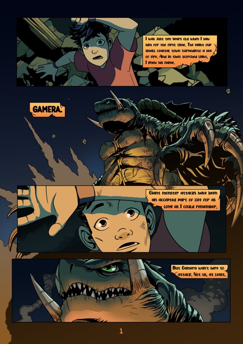 1boy alex_alcanter daiei_film daiei_motion_picture debris english_text gamera gamera_(series) green_eyes highres kadokawa kaiju night red_shirt rubble sea_monster sharp_teeth shirt smoke teeth text_focus turtle turtle_shell tusks wristband