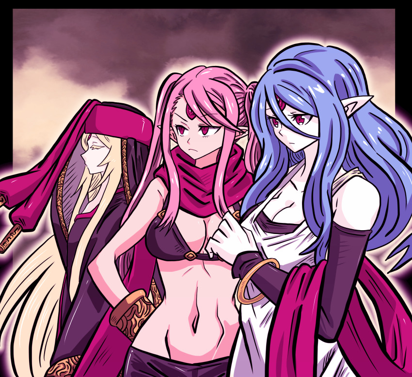 3girls azelf batchgooya bikini bikini_top_only black_bikini blue_hair breasts cleavage closed_eyes commentary_request flat_chest frown gen_4_pokemon highres large_breasts legendary_pokemon long_hair mesprit midriff multiple_girls navel nintendo personification pink_hair pointy_ears pokemon purple_eyes swimsuit twintails uxie
