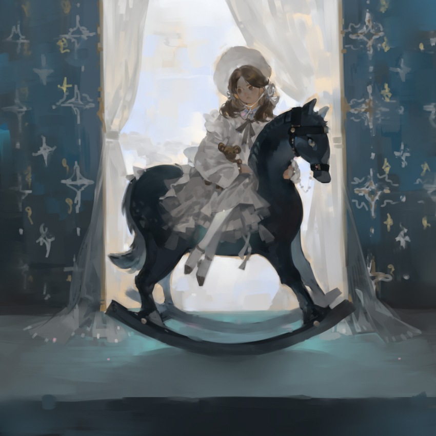 1girl aristocratic_clothes bonnet brown_eyes brown_hair child curtains dress frilled_dress frills highres indoors long_hair original painterly rocking_horse shachang solo stuffed_animal stuffed_toy teddy_bear white_dress window