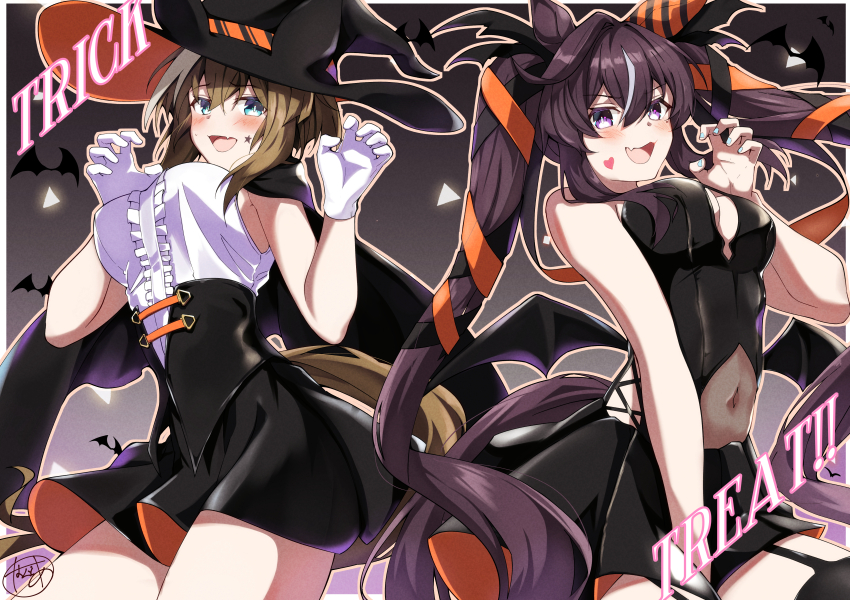 absurdres alternate_costume animal_ears blue_eyes blush breasts brown_hair cheval_grand_(umamusume) commentary_request english_text gloves hair_between_eyes hair_ornament halloween_costume hat highres horse_ears horse_girl long_hair looking_at_viewer medium_breasts medium_hair open_mouth pandoa_(mikage0495) siblings signature sisters umamusume vivlos_(umamusume) witch_hat