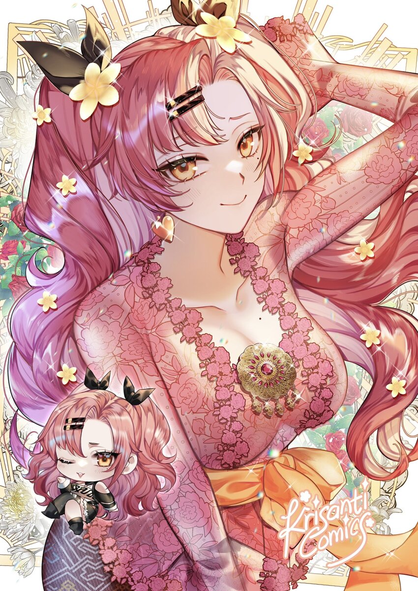 1girl alternate_costume arm_up black_bow bow breasts chibi chibi_inset cleavage collarbone curtained_hair earrings floral_print flower hair_bow hair_flower hair_ornament hairpin heart heart_earrings highres jewelry kebaya kriskris large_breasts long_hair long_sleeves looking_at_viewer mole mole_on_breast mole_under_eye multiple_hairpins nicole_demara pink_hair see-through_clothes solo sparkle two_side_up upper_body wide_sleeves yellow_eyes zenless_zone_zero