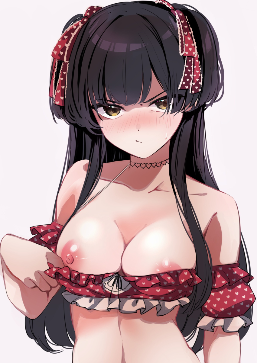 1girl :/ absurdres angry bandeau bandeau_pull bikini bikini_pull black_choker black_hair blush breasts brown_eyes choker cleavage clothes_pull collarbone flashing frilled_bikini frills frown hair_ribbon heart heart_choker heart_print highres idolmaster idolmaster_shiny_colors long_hair looking_at_viewer mayuzumi_fuyuko medium_breasts midriff mizuabi_kamome nipple_slip nipples print_bikini print_ribbon pulling_own_clothes red_bikini ribbon simple_background solo sweatdrop swimsuit two_side_up upper_body v-shaped_eyebrows white_background