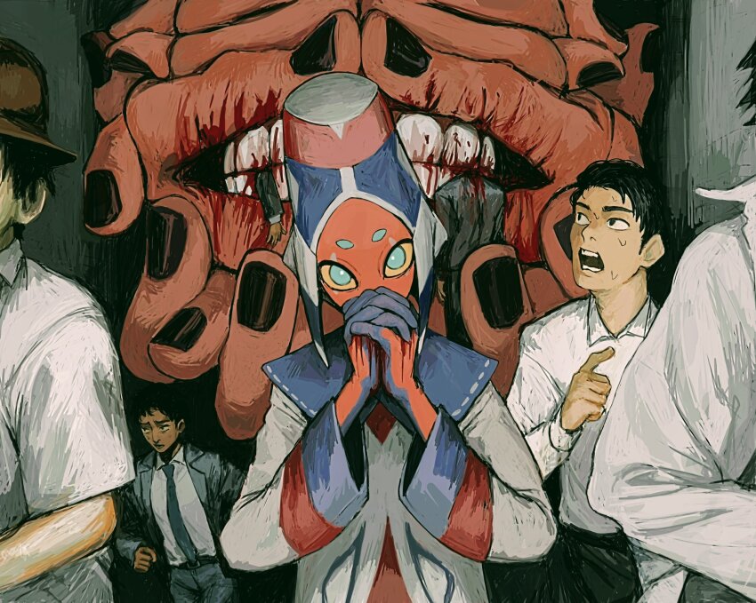 1other 6+boys belt black_hair black_nails blazer blood blood_in_mouth blue_eyes blue_skin borrowed_character collared_shirt colored_sclera colored_skin commission corpse covered_mouth decapitation disembodied_hand formal_clothes gakudayo hand_focus hat highres horror_(theme) interlocked_fingers jacket looking_at_viewer looking_back monster multicolored_skin multiple_boys necktie open_mouth original out_of_frame own_hands_together pants red_skin running shirt short_eyebrows skeb_commission suit sweat teeth upper_body yellow_sclera