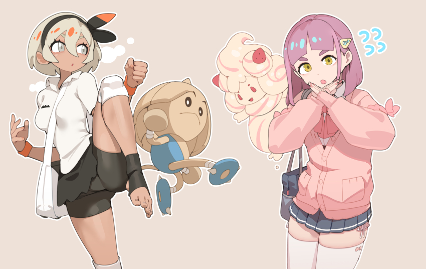 2girls :o absurdres alcremie alternate_costume bag bea_(pokemon) between_breasts bike_shorts black_hairband blonde_hair bow_hairband breasts cardigan collared_shirt commentary crossed_hands eyelashes fighting_stance flying_sweatdrops gen_2_pokemon gen_8_pokemon grey_eyes hair_between_eyes hair_ornament hairband hairclip highres hitmontop jin_rou knee_pads lacey_(pokemon) leg_up looking_at_viewer multiple_girls nintendo open_mouth pink_cardigan pleated_skirt pokemon pokemon_(creature) pokemon_sv pokemon_swsh purple_hair school_uniform shirt short_hair short_sleeves shoulder_bag skirt stirrup_legwear strap_between_breasts thighhighs toeless_legwear white_bag white_shirt white_thighhighs wristband yellow_eyes