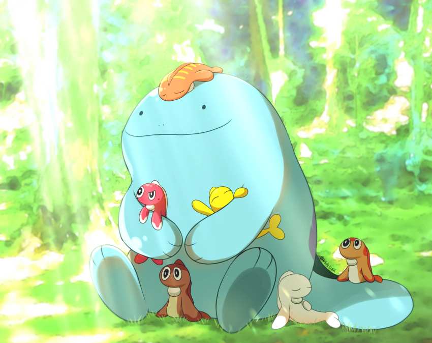 closed_eyes forest gen_2_pokemon happy highres holding holding_pokemon looking_up multiple_others nature nintendo nion156394 no_humans pokemon pokemon_(creature) quagsire raised_eyebrow signature sitting sleeping smile sunlight tatsugiri tatsugiri_(curly) tatsugiri_(droopy) tatsugiri_(stretchy)