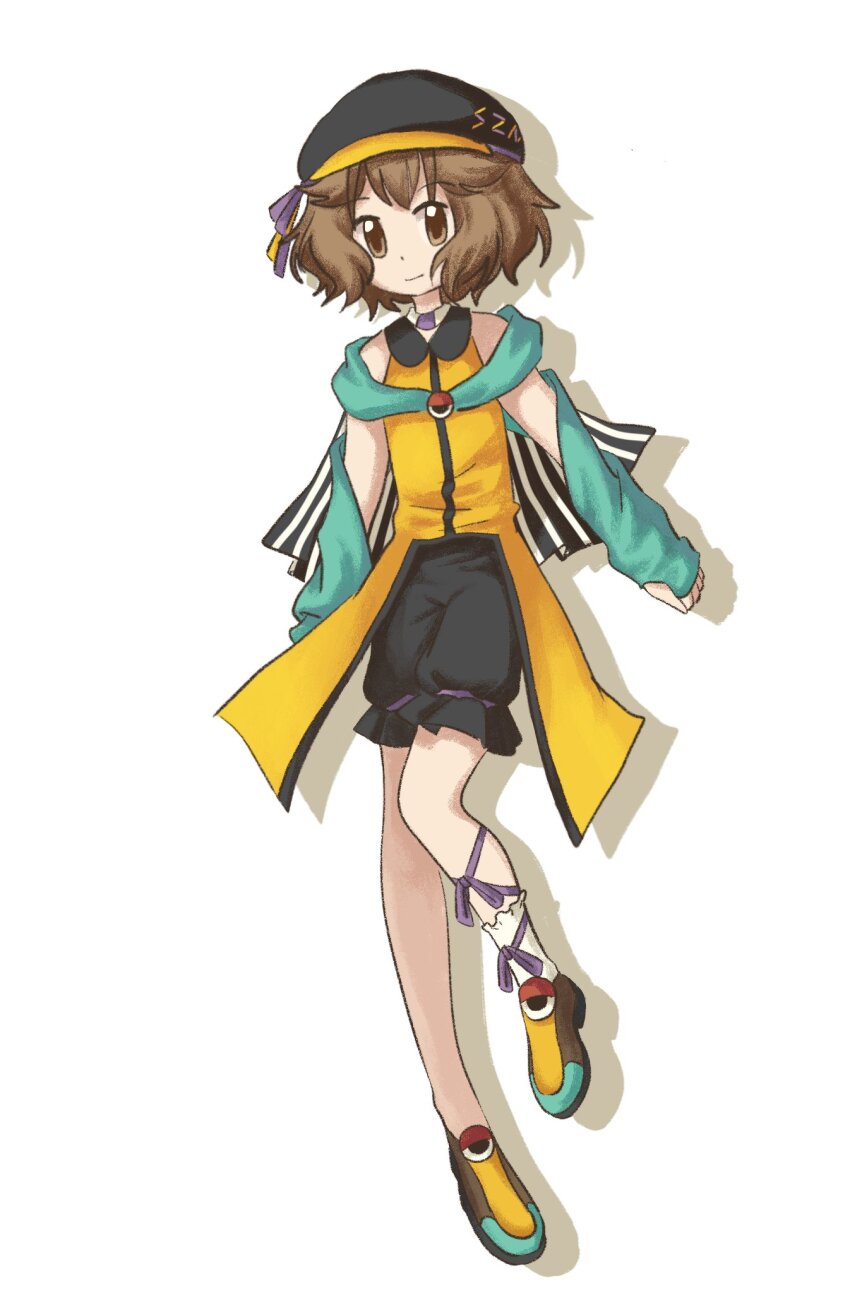 1other adapted_costume androgynous baila_kuangzi black_hat black_shorts brown_eyes brown_hair brown_shoes chinese_commentary closed_mouth commentary_request frilled_shorts frills full_body hat highres kuzu_suzumi leg_ribbon len&#039;en other_focus purple_ribbon ribbon shoes short_hair shorts simple_background single_sock smile socks solo white_background white_socks