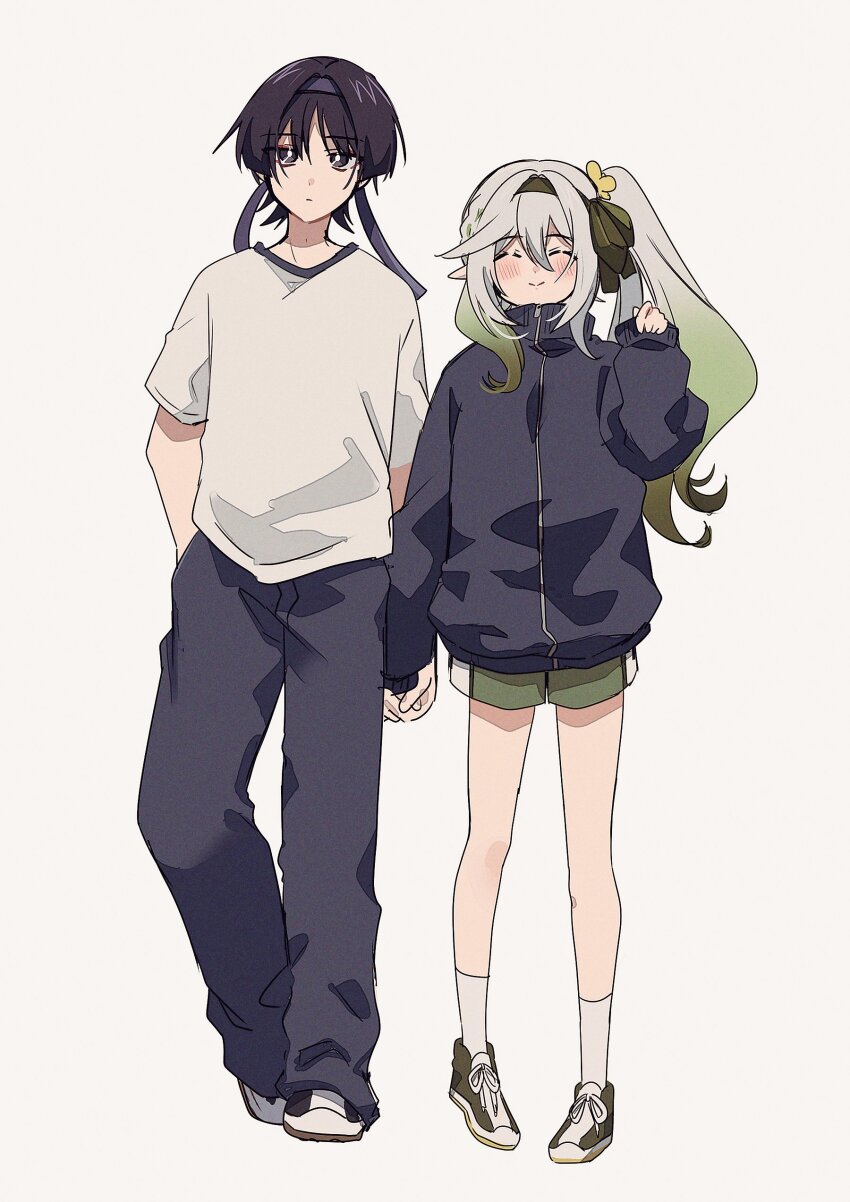 1boy 1girl absurdres alternate_costume alternate_height aomattya arms_at_sides asymmetrical_sidelocks black_eyes black_hair black_jacket black_pants black_sleeves blunt_ends blush bow bright_pupils cargo_pants closed_eyes closed_mouth collared_shirt colored_tips contemporary couple cross-laced_shoes eyeliner eyeshadow facing_viewer flower genshin_impact gradient_hair green_bow green_eyes green_hair green_hairband green_shorts gym_uniform hair_between_eyes hair_bow hair_flower hair_ornament hairband half_crown_braid hand_in_pocket hetero highres holding_hands jacket long_hair long_sleeves looking_at_viewer makeup multicolored_hair nahida_(genshin_impact) pants pigeon-toed pointy_ears purple_hairband red_eyeliner red_eyeshadow scaramouche_(genshin_impact) shirt shoes short_sleeves shorts side_ponytail sidelocks sleeves_past_wrists smile sneakers socks source_request split_mouth track_jacket white_hair white_pupils white_shirt white_shoes white_sleeves white_socks wispy_bangs yellow_flower