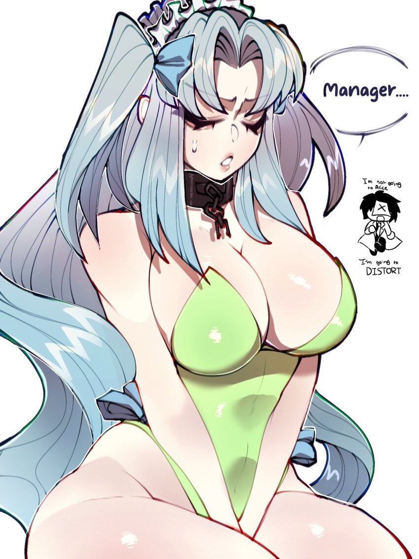1boy 1girl angela_(project_moon) ayin_(project_moon) black_souls black_souls_2 blue_bow blue_hair bow breasts cleavage collar cosplay green_leotard hair_bow highleg highleg_leotard highres large_breasts leaf_(black_souls) leaf_(black_souls)_(cosplay) leotard lobotomy_corporation long_hair maid_headdress parted_bangs project_moon renata11033 sidelocks simple_background sitting solo_focus two_side_up very_long_hair white_background x_(project_moon)
