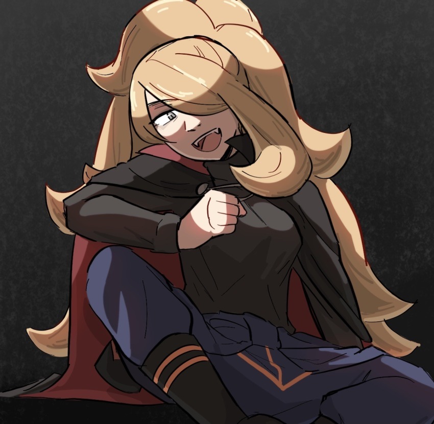 1girl black_background black_boots blonde_hair boots cape clenched_hand cosplay cynthia_(pokemon) fangs gradient_background grey_eyes hair_over_one_eye lance_(pokemon) lance_(pokemon)_(cosplay) looking_at_viewer nintendo open_mouth pokemon pokemon_dppt pokemon_hgss random_minty sitting solo