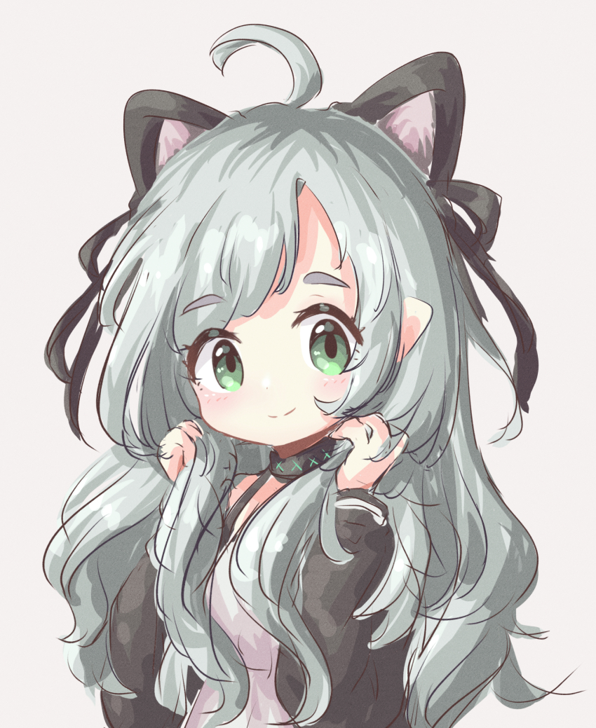 1girl ahoge animal_ears arknights bare_shoulders black_jacket black_ribbon cat_ears closed_mouth commentary_request dress green_eyes grey_background grey_hair hands_up highres holding holding_own_hair jacket long_hair looking_at_viewer mint_(arknights) off_shoulder open_clothes open_jacket ribbon simple_background sleeveless sleeveless_dress smile solo thick_eyebrows very_long_hair white_dress yopi_(user_wdgp8532)