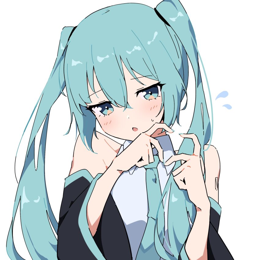 :o aqua_eyes aqua_hair aqua_nails aqua_necktie arms_up bare_shoulders black_sleeves blush breasts detached_sleeves giryu hair_between_eyes hatsune_miku heart heart_hands highres long_hair medium_breasts necktie number_tattoo shirt sweatdrop tattoo twintails very_long_hair vocaloid white_shirt