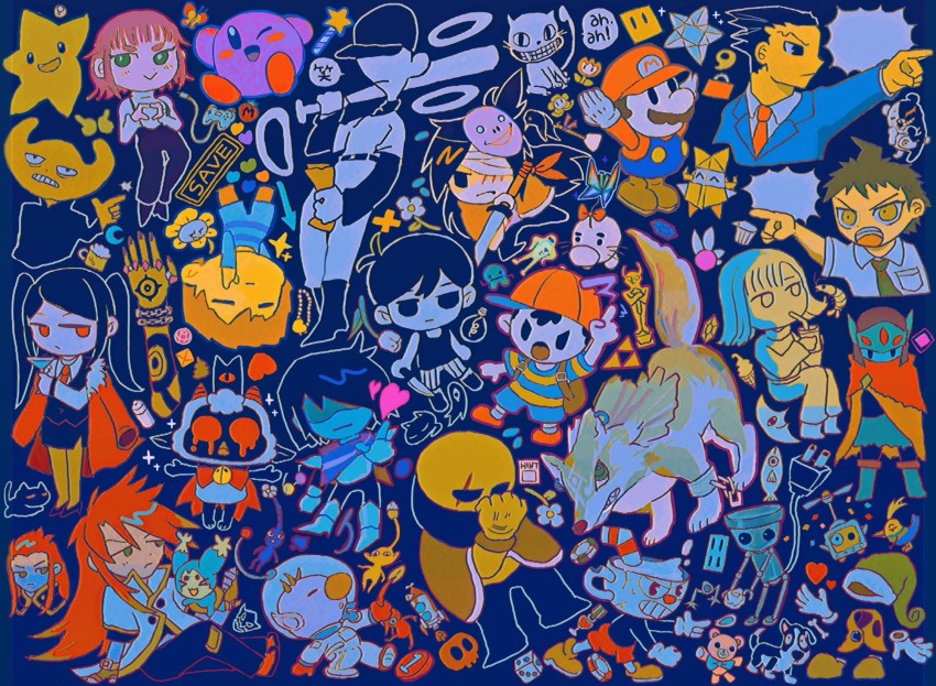 1other 6+boys 6+girls ace_attorney add-on_(off) annotated antenna_hair asch_(tales) backpack bag black_eyes black_hair black_socks black_tank_top blue_pikmin brad_armstrong buddy_(lisa) cat chibi-robo! chibi_robo collared_shirt colored_skin crossover cult_of_the_lamb cuphead cuphead_(game) danganronpa_(series) danganronpa_2:_goodbye_despair deltarune densetsu_no_stafy disembodied_hand doseisan famiresu_wo_kyouju_seyo flowey_(undertale) fore_(va-11_hall-a) frisk_(undertale) green_eyes hat highres hinata_hajime holding holding_knife hylics hyper_light_drifter inkya_lovecome jill_stingray kagami_tooru kirby kirby_(series) knife kris_(deltarune) link lisa_(series) lisa_the_joyful lisa_the_painful luke_fon_fabre mani_mani_statue mario mario_(series) maxim_tomato megido72 mewo mieu_(tales) milkymilkyshark monokuma moon_(love-de-lic) mother_(series) mother_2 multiple_boys multiple_crossover multiple_girls necktie ness_(mother_2) nintendo off_(game) olimar olivia_(paper_mario) omori omori_(omori) paper_mario paper_mario:_the_origami_king paper_mario_(character) phoenix_wright pikmin_(creature) pikmin_(series) player_(moon) red_footwear red_hair red_hat red_necktie red_pikmin shirt shoes sneakers socks solomon_(megido72) something_(omori) spacesuit speech_bubble starfy starman_(mother) striped_clothes striped_shirt super_paper_mario tales_of_(series) tales_of_the_abyss tank_top tao_(chibi-robo!) telly_vision tenda_(mother) the_batter_(off) the_drifter the_judge_(off) the_legend_of_zelda the_legend_of_zelda:_twilight_princess tippi_(paper_mario) triforce undertale va-11_hall-a wayne_(hylics) white_shirt white_skin wolf wolf_link yellow_pikmin yellow_skin yoshida_(moon)