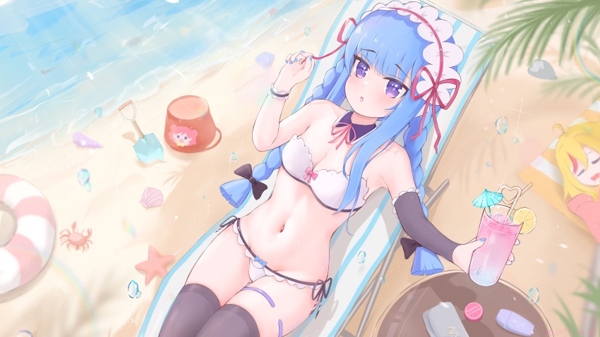 2girls :o absurdres ahoge bare_shoulders beach bikini black_bow black_thighhighs blonde_hair blue_hair blue_nails blunt_bangs blunt_ends blush bow bow_bikini braid breasts check_copyright cleavage collarbone copyright_request cowboy_shot crab cup day detached_collar dutch_angle eyes_visible_through_hair glass gluteal_fold hair_bow hair_ribbon hands_up highres holding holding_cup long_hair looking_at_viewer medium_breasts multiple_girls nail_polish navel ocean open_mouth original outdoors pink_bow pink_ribbon purple_eyes purple_pupils red_ribbon ribbon sichuan_luo_li side-tie_bikini_bottom sidelocks sitting solo_focus sparkle stomach strapless strapless_bikini swimsuit thigh_gap thigh_strap thighhighs thighs twin_braids white_bikini