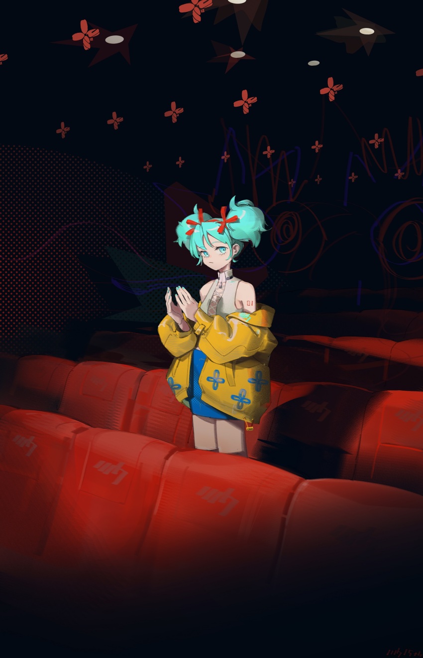 1girl absurdres bare_shoulders blue_eyes blue_hair blue_skirt clapping closed_mouth coat double_bun hair_bun hair_ornament hatsune_miku highres long_sleeves looking_at_viewer miniskirt nekohara_peninsula off_shoulder seat short_hair skirt solo standing vocaloid yellow_coat