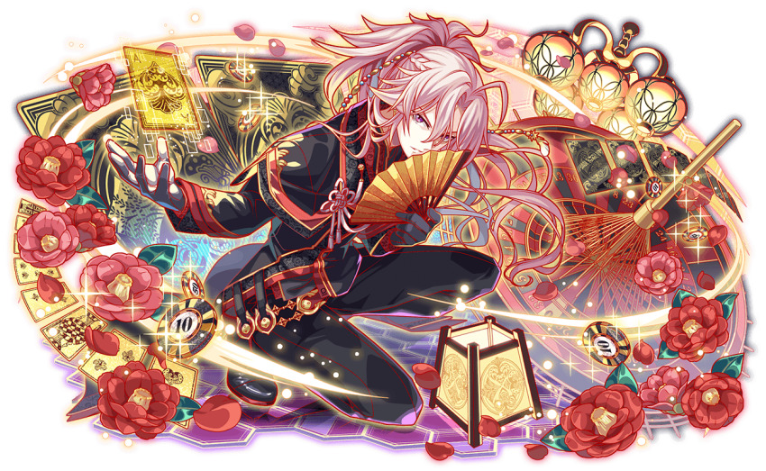 1boy ace_(playing_card) ahoge alternate_costume anime_coloring artist_request black_capelet black_footwear black_jacket black_pants black_sleeves braid capelet card cardano_(crash_fever) chinese_clothes closed_mouth crash_fever crown_braid earrings floating floating_object floor_lamp floral_print flower flower_knot flower_request folding_fan four_of_clubs full_body game_cg gloves grey_gloves hair_intakes hair_ornament hand_fan hanging_light hexagon high_ponytail holding holding_fan honeycomb_(pattern) jacket jewelry king_(playing_card) kneeling lamp leaf light_bulb light_particles long_hair long_sidelocks long_sleeves narrowed_eyes number_print numbered object_floating_above_hand official_alternate_costume official_art outline pants parasol parted_bangs pink_flower playing_card poker_chip ponytail purple_eyes red_flower red_outline red_petals roulette_table sidelocks six_of_hearts solo sparkle square square_print table tachi-e teeth third-party_source transparent_background two_of_diamonds umbrella very_long_hair wavy_hair white_hair