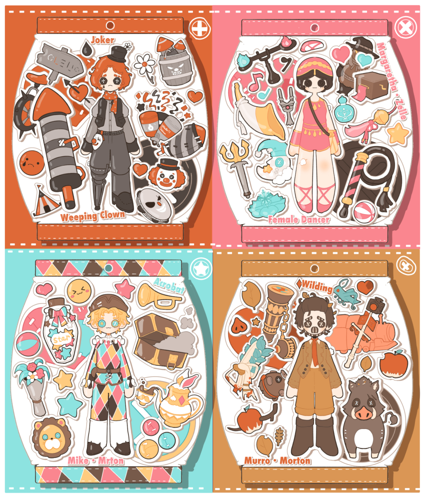 1girl 3boys :3 apple argyle armband arrow_through_heart bag ball ballet_slippers barrel beard bell belt black_belt black_eyes black_headwear black_vest blonde_hair blue_eyes blue_pants blue_shirt boar boots bottle bouquet brown_belt brown_eyes brown_footwear brown_hair brown_headwear brown_jacket brown_pants brown_shirt bug button_eyes buttons character_name circus_tent closed_mouth clown_mask confetti cork corked_bottle crescent_moon cup cymbals facial_hair flower food freckles frilled_sleeves frills frown fruit full_body grasshopper grey_shirt hat heart highres horn_(instrument) identity_v insect instrument jacket jingle_bell kaleidoscope leaf lion locomotive long_sleeves margaretha_zelle mask messy_hair mike_morton mini_hat mini_top_hat moon multicolored_hair multicolored_pants multicolored_shirt multiple_boys murro_(identity_v) music_box mustache neck_ruff necktie open_clothes open_jacket open_vest outline pants pink_armband pink_pants pink_shirt pink_shoes pink_shorts polka_dot polka_dot_scarf prosthesis prosthetic_leg red_hair red_necktie red_scarf rocket scarecrow scarf shirt shoes short_hair shorts shoulder_bag sign single_tear standing star_(symbol) steam_locomotive teacup teapot top_hat train trumpet typo unicycle unworn_mask vest weeping_clown_(identity_v) weighing_scale whip white_flower white_hair white_outline whybe123 yellow_pants yellow_shirt