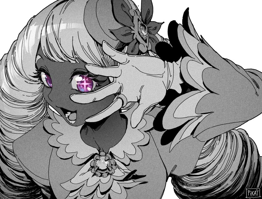 1girl absurdres ascot dress fascinator frilled_ascot frills gloves highres jacinthe_(pokemon) juliet_sleeves long_hair long_sleeves looking_at_viewer monochrome nintendo open_mouth pikat pokemon pokemon_legends:_z-a puffy_sleeves purple_eyes simple_background smile solo spot_color star-shaped_pupils star_(symbol) star_in_eye symbol-shaped_pupils symbol_in_eye teeth