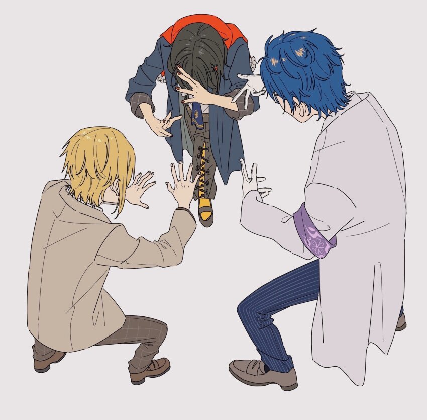 3boys armband black_footwear black_hair black_jacket blonde_hair blue_hair blue_pants brown_footwear brown_jacket brown_pants coat glasses gloves grey_background highres jacket kamatama_rom lab_coat leos_vincent leos_vincent_(1st_costume) male_focus mashiro_meme mashiro_meme_(1st_costume) multiple_boys nijisanji pants purple_armband red_nails red_scarf scarf short_hair simple_background striped_clothes striped_pants uzuki_kou uzuki_kou_(3rd_costume) vertical-striped_clothes vertical-striped_pants virtual_youtuber white_coat white_gloves
