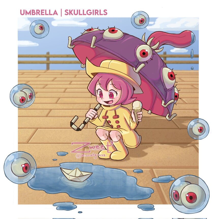1girl blush boardwalk border bright_pupils bubble character_name copyright_name hat highres holding holding_umbrella hungern_(skullgirls) ice_cream_cone monster open_mouth paper_boat pink_eyes pink_hair raincoat red_eyes short_hair skullgirls smile solo squatting tongue tongue_out umbrella umbrella_(skullgirls) white_border white_pupils zweetgrass