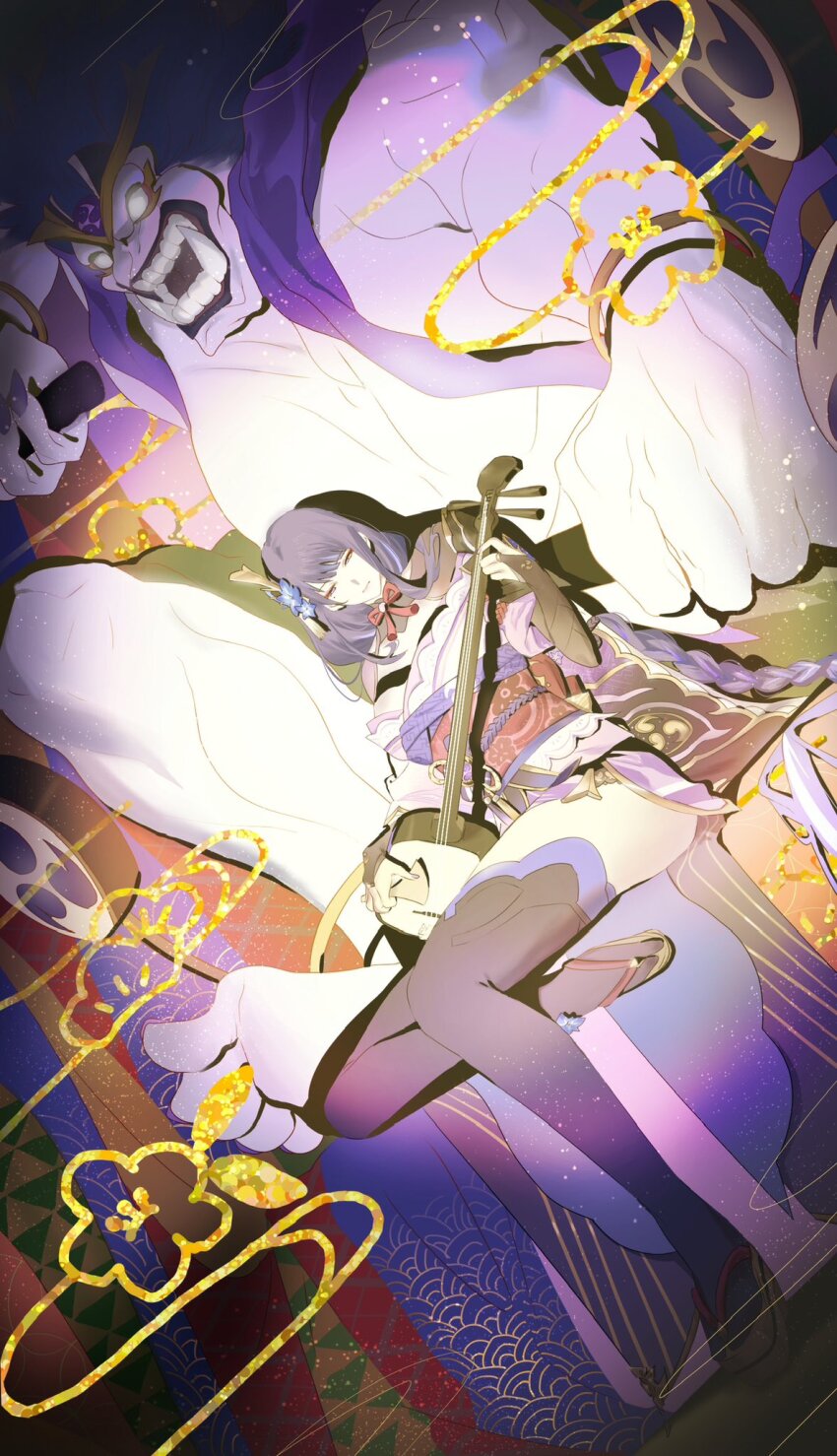 1girl 1other behind_another blunt_bangs braid closed_mouth crossed_legs fangs genshin_impact hair_ornament highres holding holding_instrument instrument japanese_clothes japanese_mythology knee_up long_hair looking_at_object looking_down mikuroron mole mole_under_eye muscular neck_ribbon purple_eyes purple_hair raiden_shogun raijin_(mythology) rattle_drum ribbon shamisen single_braid sitting thighs tomoe_(symbol)