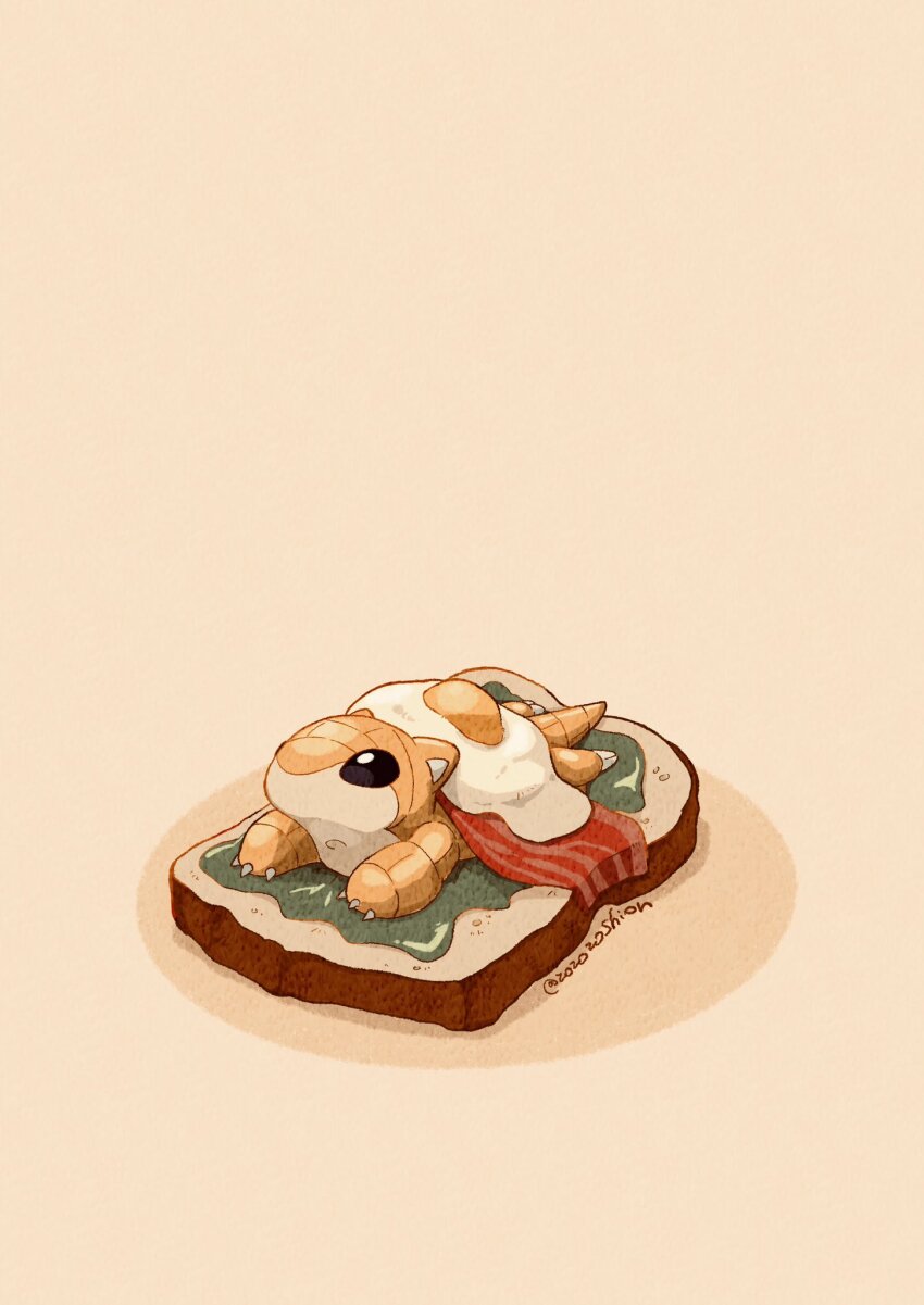 animal_focus artist_name beacon black_eyes bread bread_slice claws commentary_request egg food gen_1_pokemon highres nintendo no_humans pokemon pokemon_(creature) sandshrew simple_background tail twitter_username white_background zozozoshion