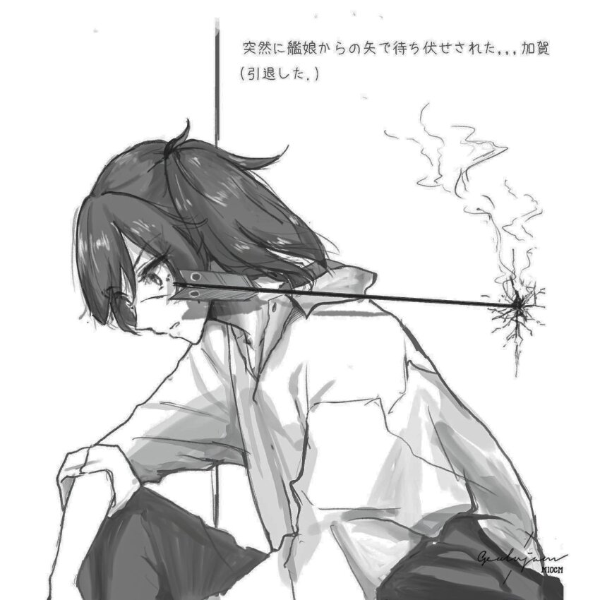 1girl crack cracked_wall greyscale highres kaga_(kancolle) kantai_collection m10cmdesu monochrome open_mouth shirt short_hair simple_background white_background