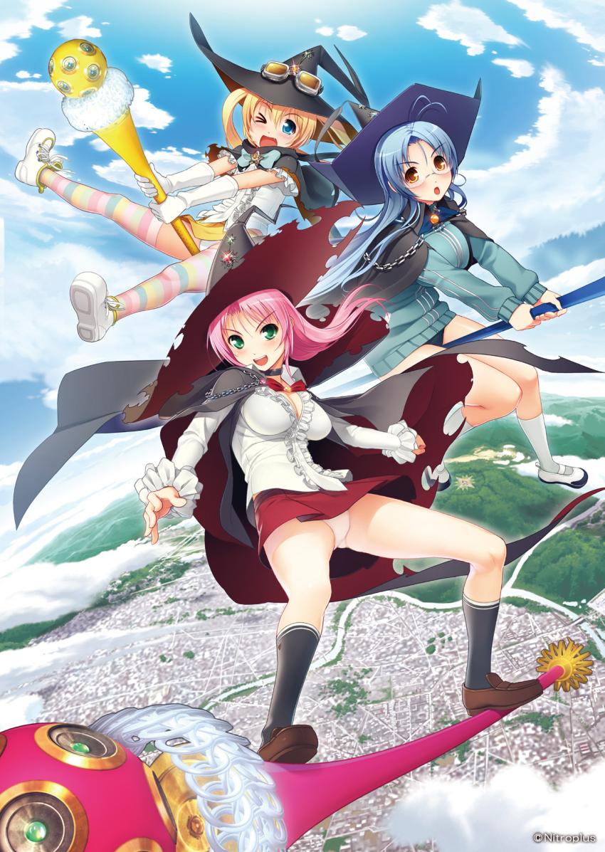 3girls blonde_hair blue_eyes blue_hair city cloud day frills garnet_(sumaga) glasses goggles green_eyes hat highres mira_(sumaga) multiple_girls one_eye_closed open_mouth panties pantyshot pink_hair sky socks spica_(sumaga) striped_clothes striped_legwear striped_thighhighs sumaga thighhighs unconventional_broom underwear wink witch_hat yellow_eyes